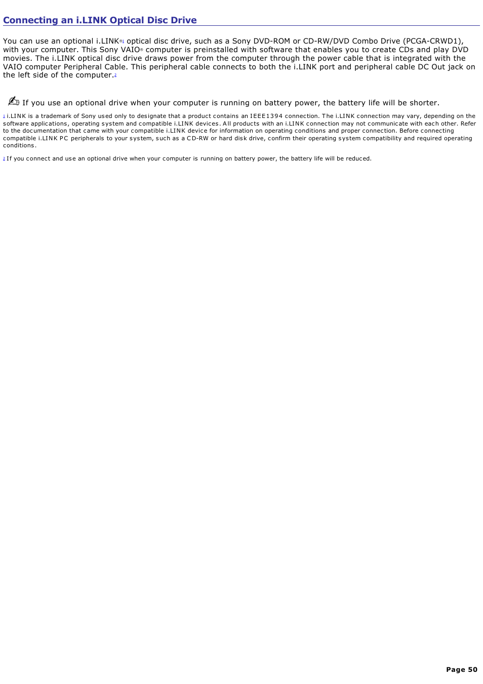 Connecting an i.link optical disc drive | Sony PCG-SRX99 User Manual | Page 50 / 182