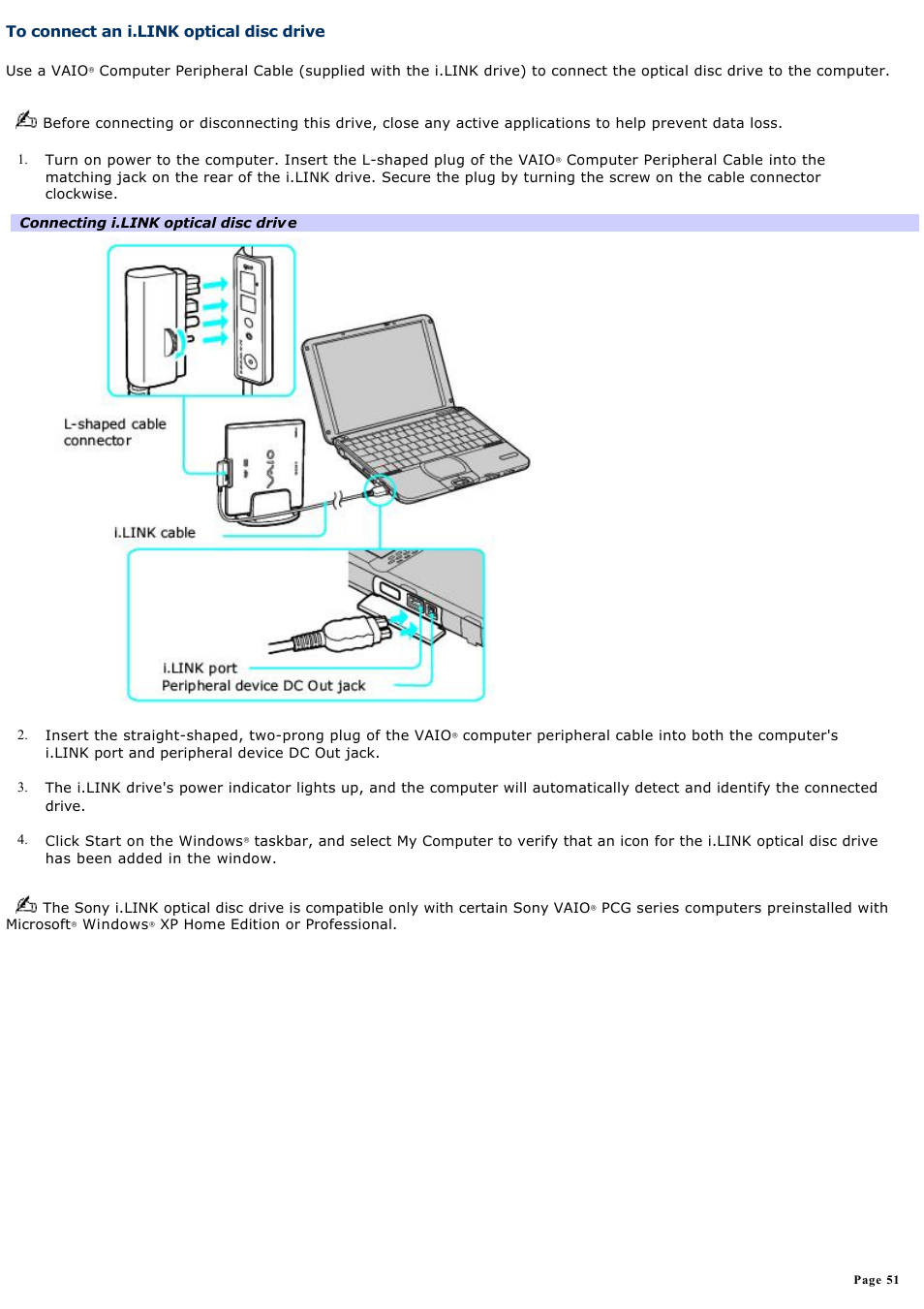 To connect an i.link optical disc drive | Sony PCG-SRX99 User Manual | Page 51 / 182