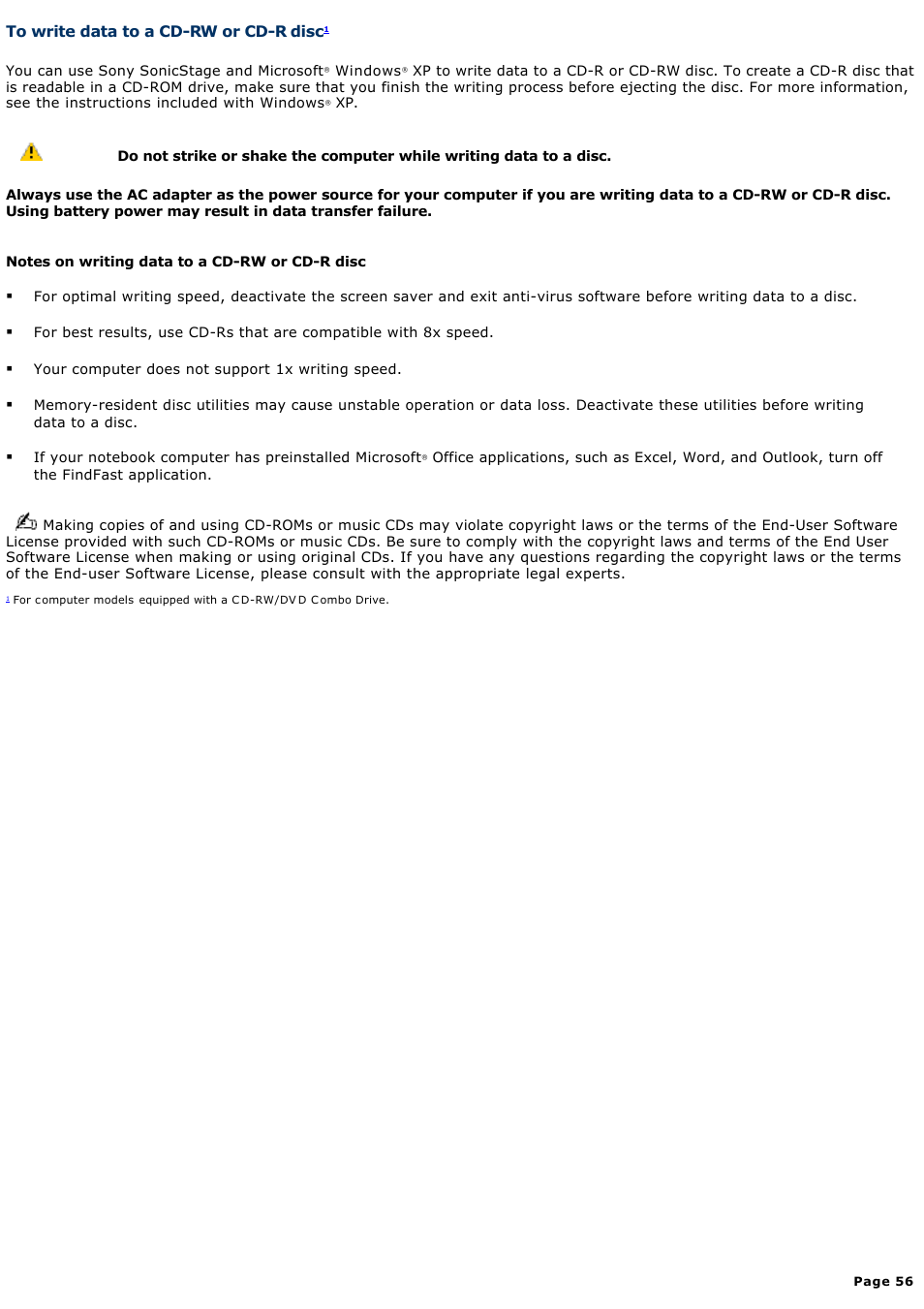 To write data to a cd-rw or cd-r disc | Sony PCG-SRX99 User Manual | Page 56 / 182