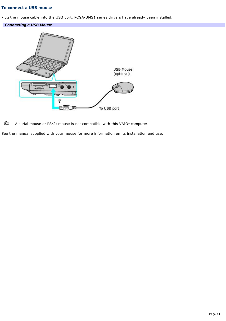 To connect a usb mouse | Sony PCG-SRX99 User Manual | Page 64 / 182