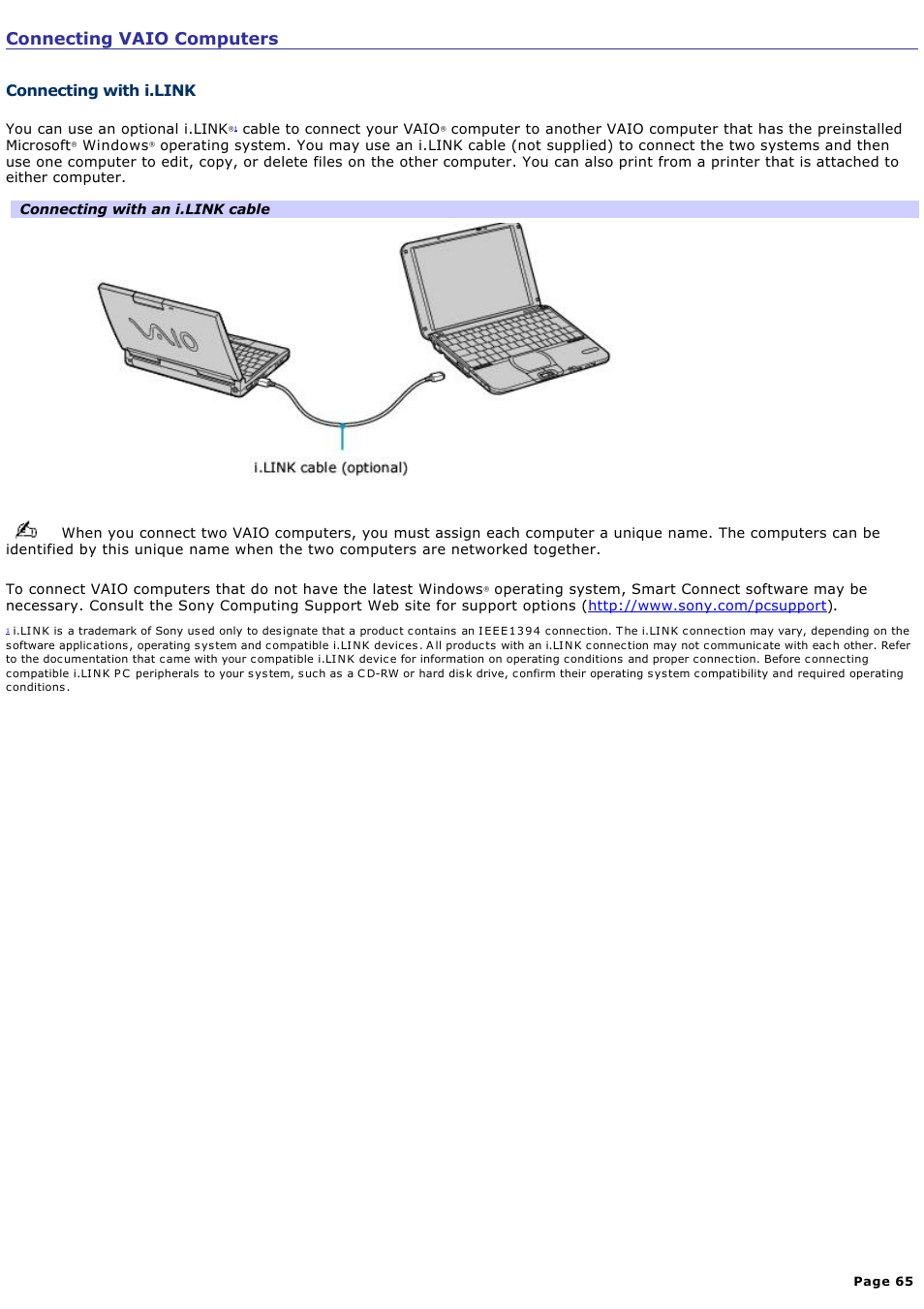 Connecting vaio computers, Connecting with i.link | Sony PCG-SRX99 User Manual | Page 65 / 182