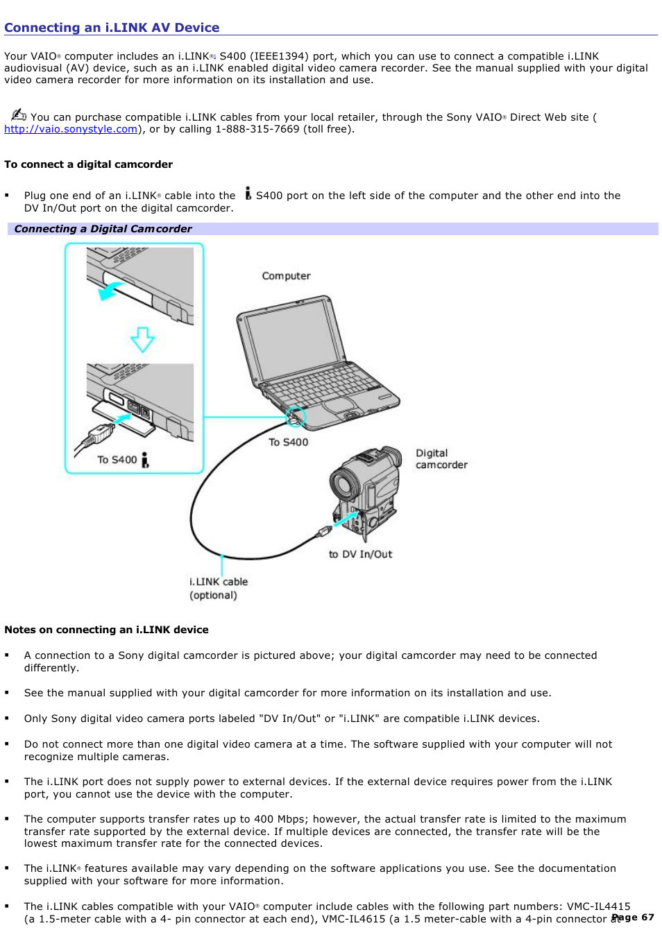 Connecting an i.link av device | Sony PCG-SRX99 User Manual | Page 67 / 182