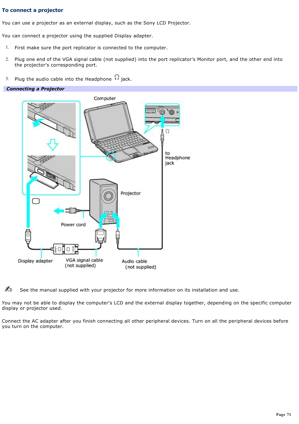 To connect a projector | Sony PCG-SRX99 User Manual | Page 71 / 182