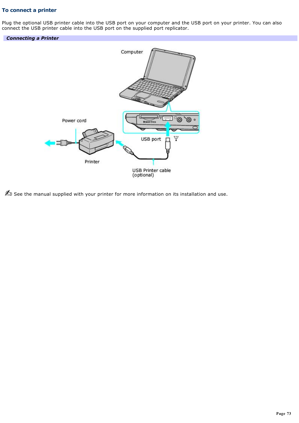 To connect a printer | Sony PCG-SRX99 User Manual | Page 73 / 182