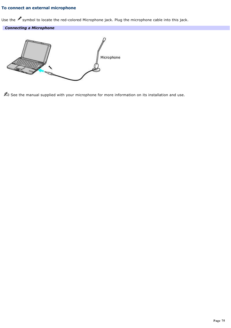 To connect an external microphone | Sony PCG-SRX99 User Manual | Page 75 / 182