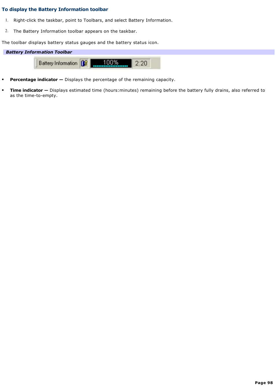 To display the battery information toolbar | Sony PCG-SRX99 User Manual | Page 98 / 182