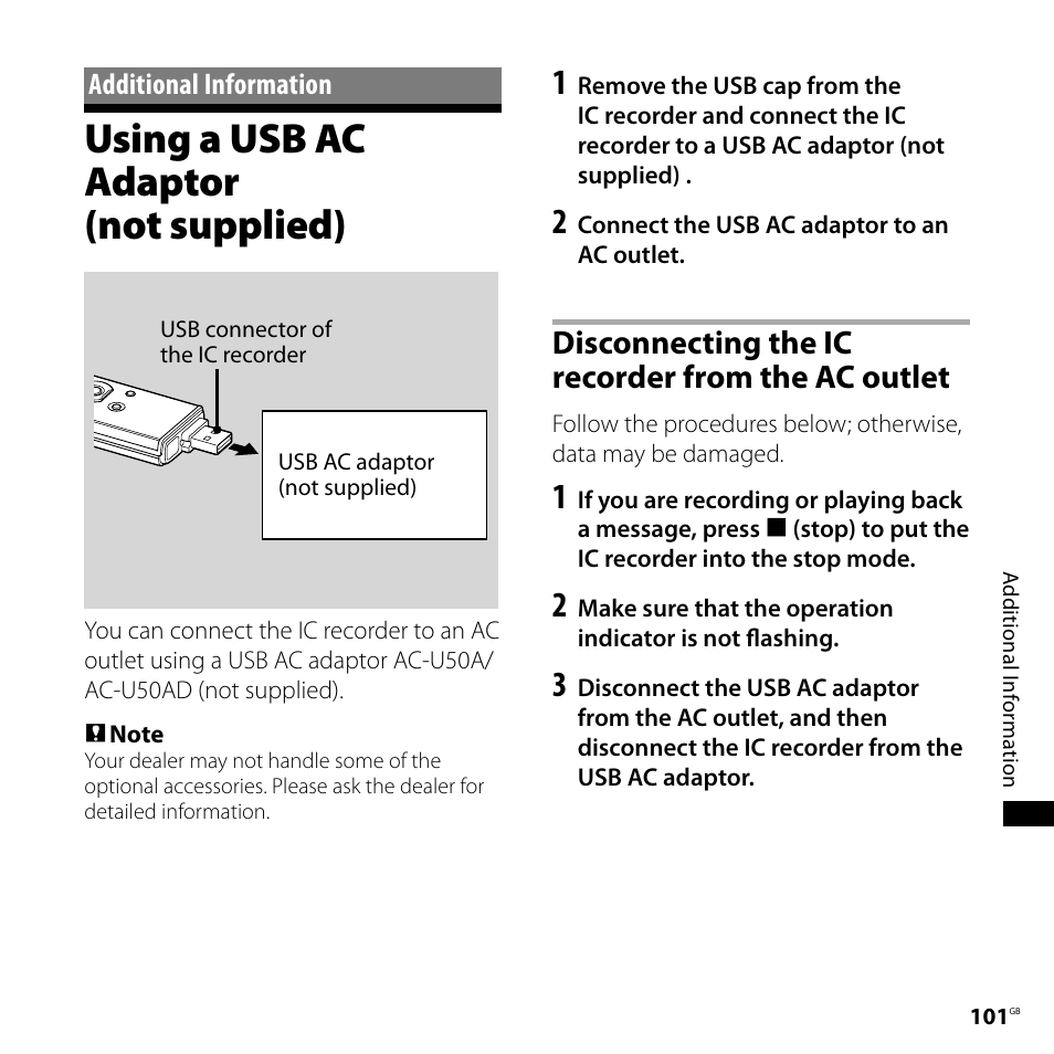 Additional information, Using a usb ac adaptor (not supplied), Disconnecting the ic recorder from the ac outlet | Using a usb ac adaptor, Not supplied), Disconnecting the ic recorder from, The ac outlet | Sony ICD-UX71F User Manual | Page 101 / 112