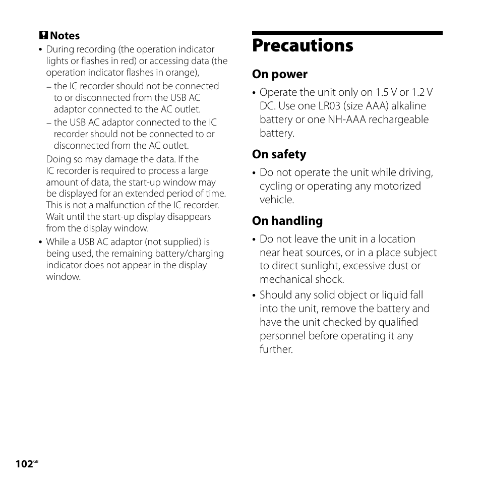 Precautions, On power, On safety | On handling | Sony ICD-UX71F User Manual | Page 102 / 112