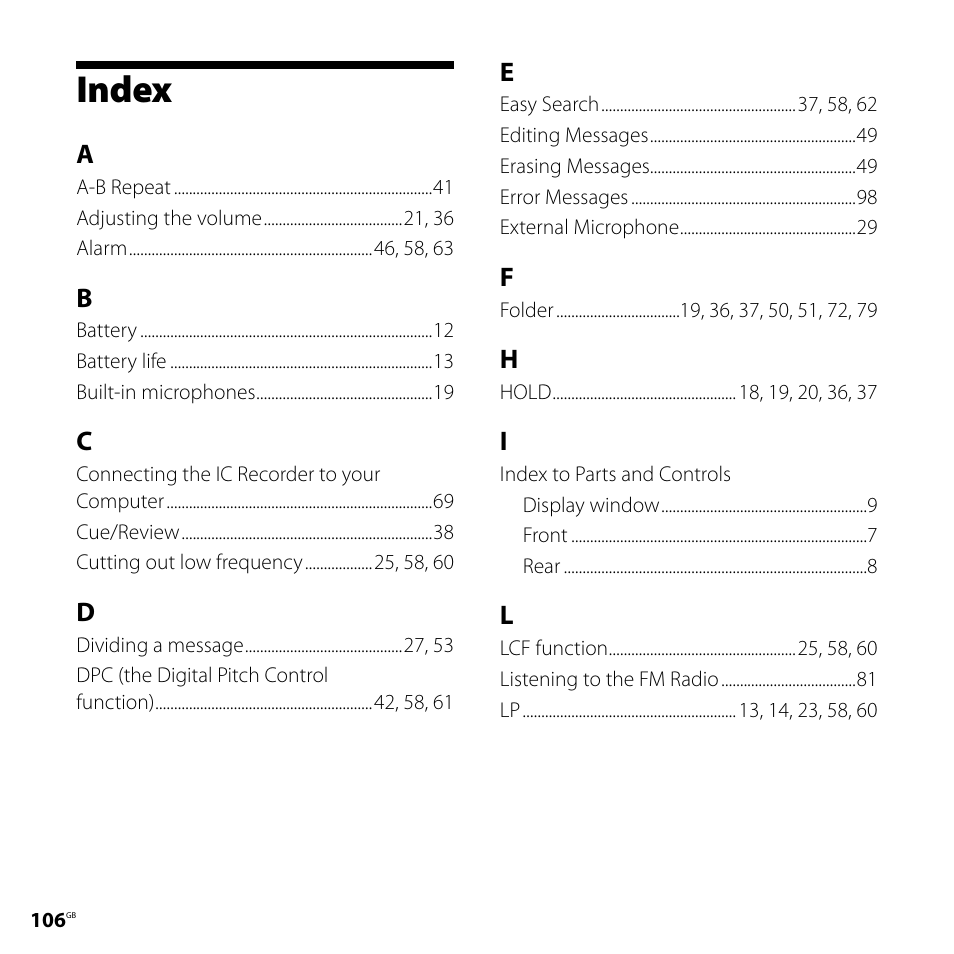 Index | Sony ICD-UX71F User Manual | Page 106 / 112