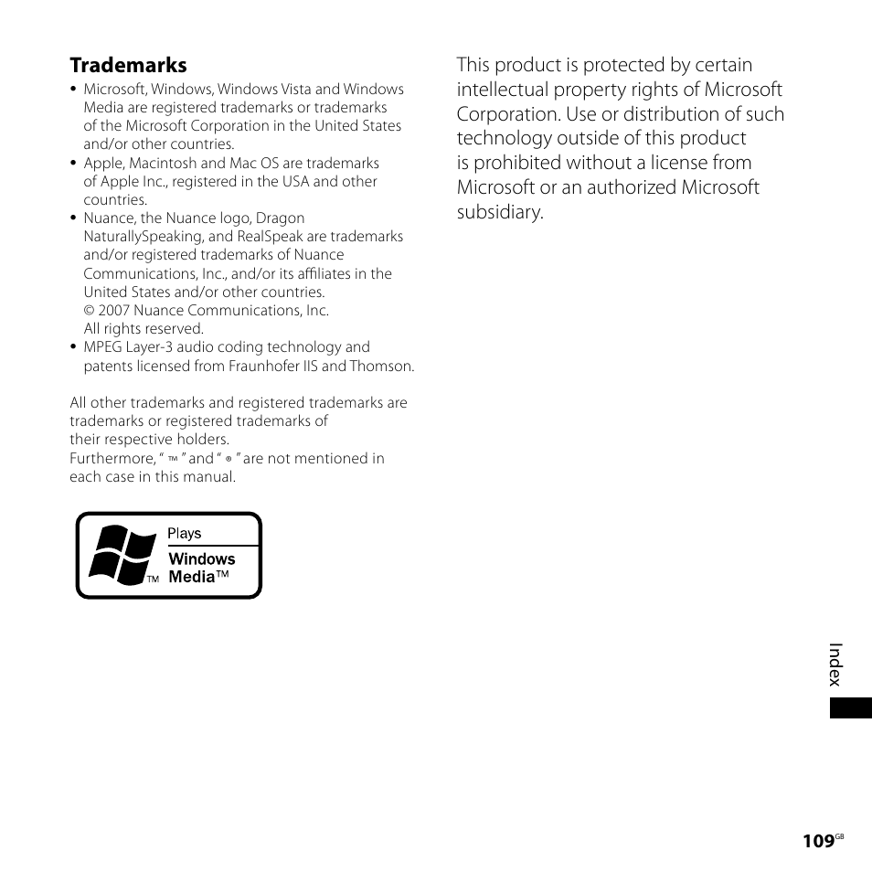 Trademarks | Sony ICD-UX71F User Manual | Page 109 / 112