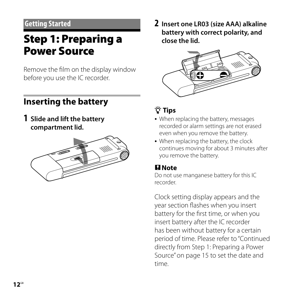 Getting started, Step 1: preparing a power source, Inserting the battery | Sony ICD-UX71F User Manual | Page 12 / 112