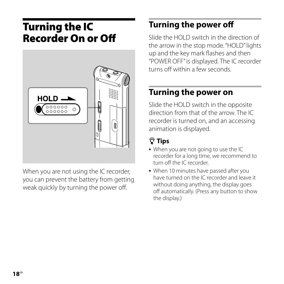 Turning the ic recorder on or off, Turning the power off, Turning the power on | Turning the power off turning the power on | Sony ICD-UX71F User Manual | Page 18 / 112