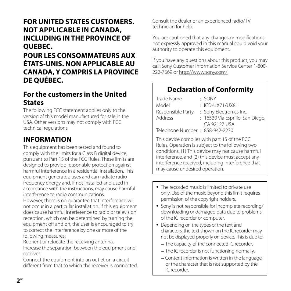 Information, Declaration of conformity | Sony ICD-UX71F User Manual | Page 2 / 112