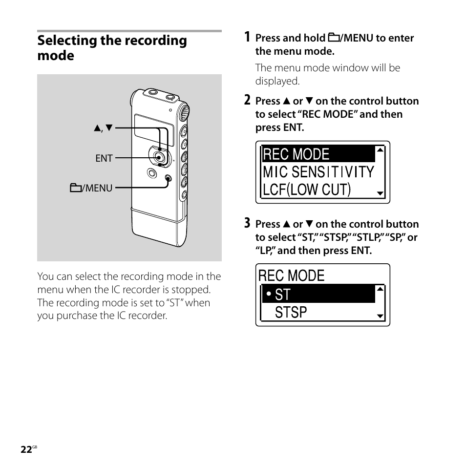 Selecting the recording mode | Sony ICD-UX71F User Manual | Page 22 / 112
