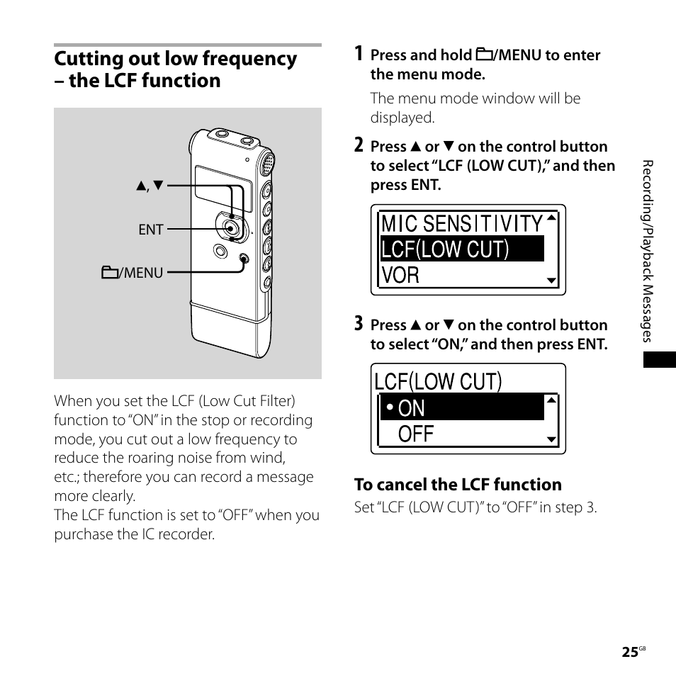 Cutting out low frequency – the lcf function, Cutting out low frequency, The lcf function | Sony ICD-UX71F User Manual | Page 25 / 112