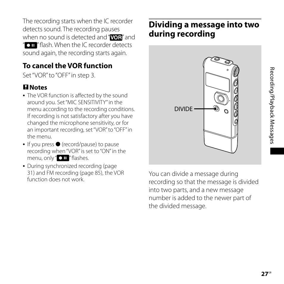 Dividing a message into two during recording, Dividing a message into two during, Recording | Sony ICD-UX71F User Manual | Page 27 / 112