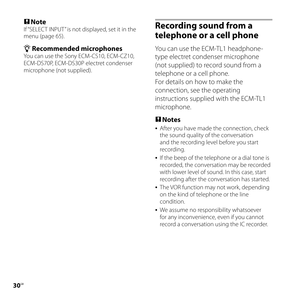 Recording sound from a telephone or a cell phone, Recording sound from a telephone, Or a cell phone | Sony ICD-UX71F User Manual | Page 30 / 112