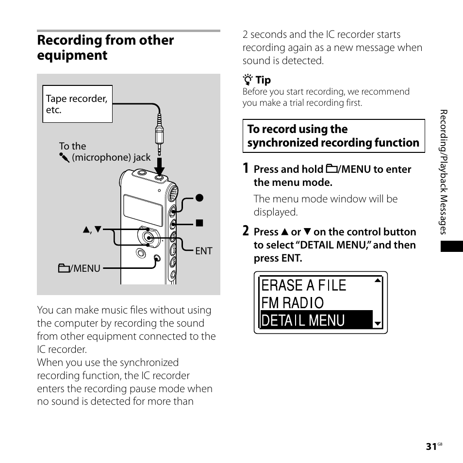 Recording from other equipment, To record using the synchronized, Recording function | Sony ICD-UX71F User Manual | Page 31 / 112