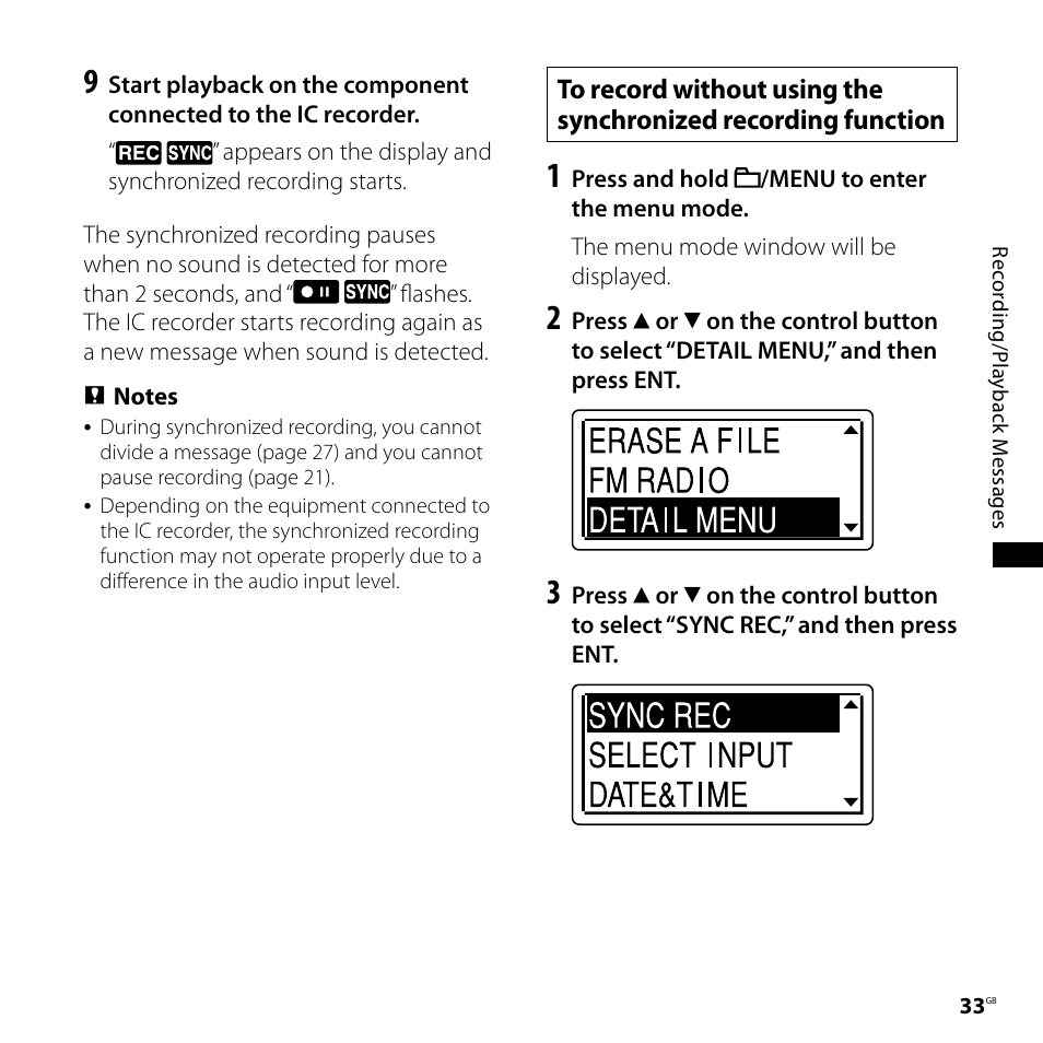 To record without using the, Synchronized recording function | Sony ICD-UX71F User Manual | Page 33 / 112