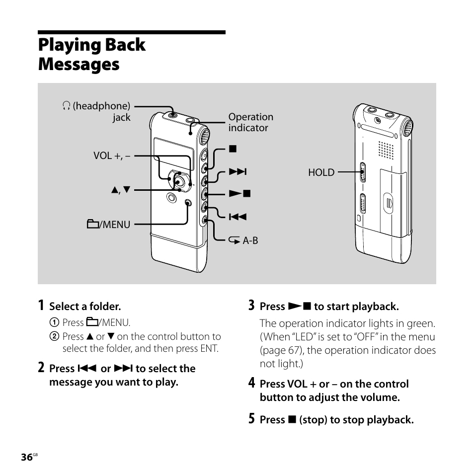 Playing back messages | Sony ICD-UX71F User Manual | Page 36 / 112