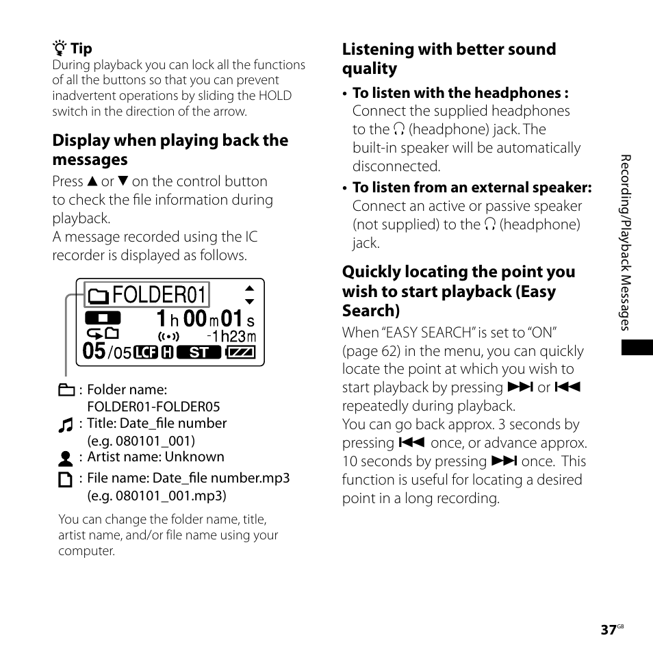 Display when playing back the messages, Listening with better sound quality | Sony ICD-UX71F User Manual | Page 37 / 112