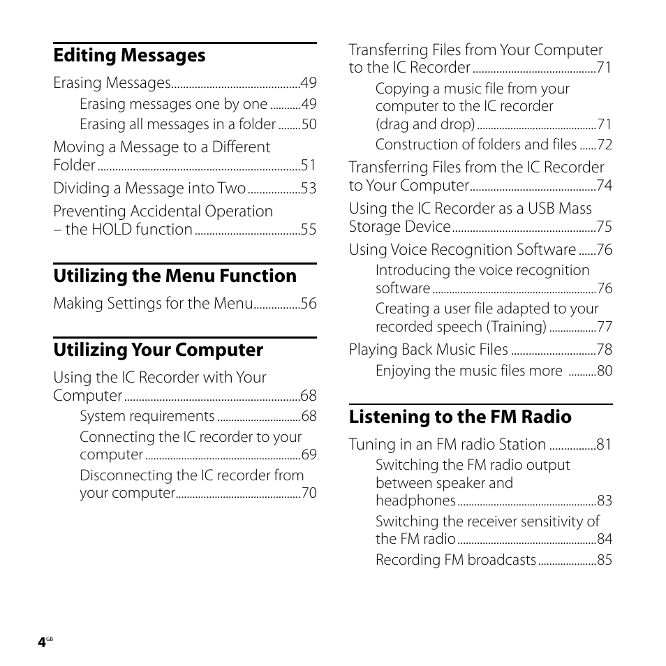 Editing messages, Utilizing the menu function, Utilizing your computer | Listening to the fm radio | Sony ICD-UX71F User Manual | Page 4 / 112