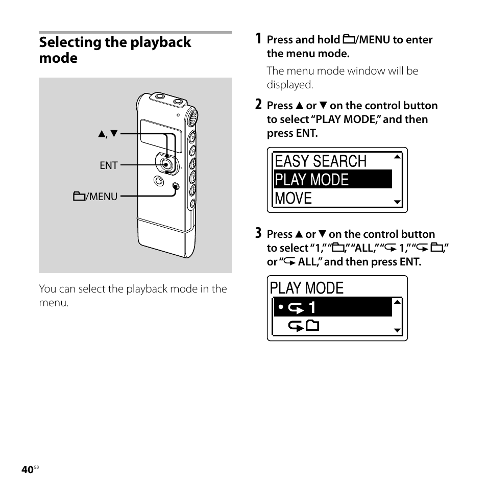 Selecting the playback mode | Sony ICD-UX71F User Manual | Page 40 / 112