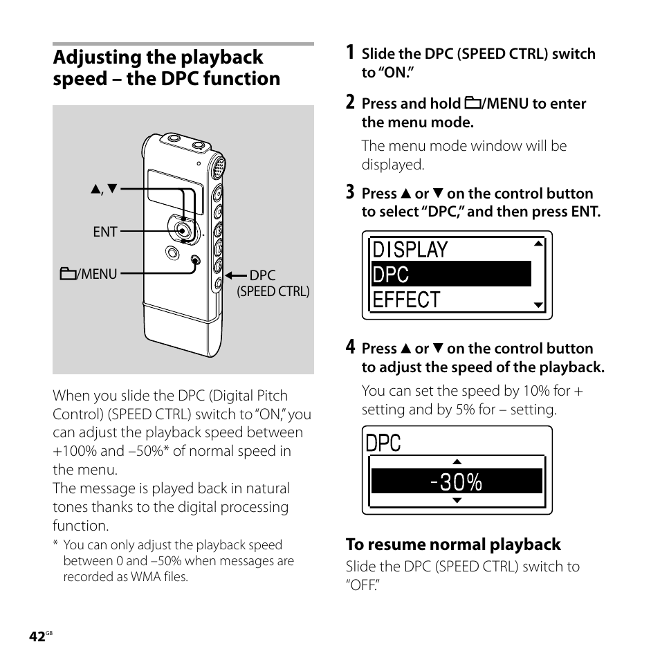 Adjusting the playback speed – the dpc function, Adjusting the playback speed, The dpc function | Sony ICD-UX71F User Manual | Page 42 / 112