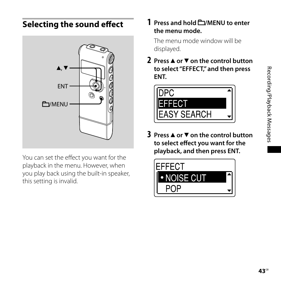 Selecting the sound effect | Sony ICD-UX71F User Manual | Page 43 / 112