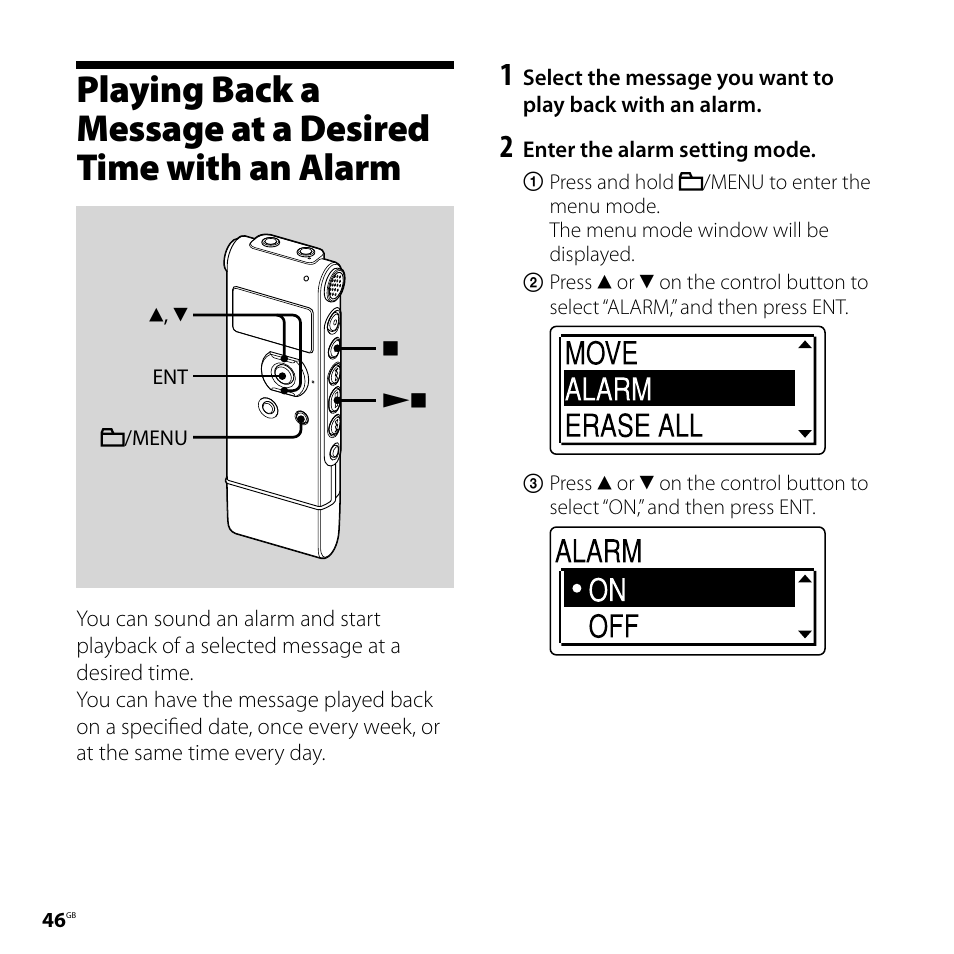 Playing back a message at a desired, Time with an alarm | Sony ICD-UX71F User Manual | Page 46 / 112
