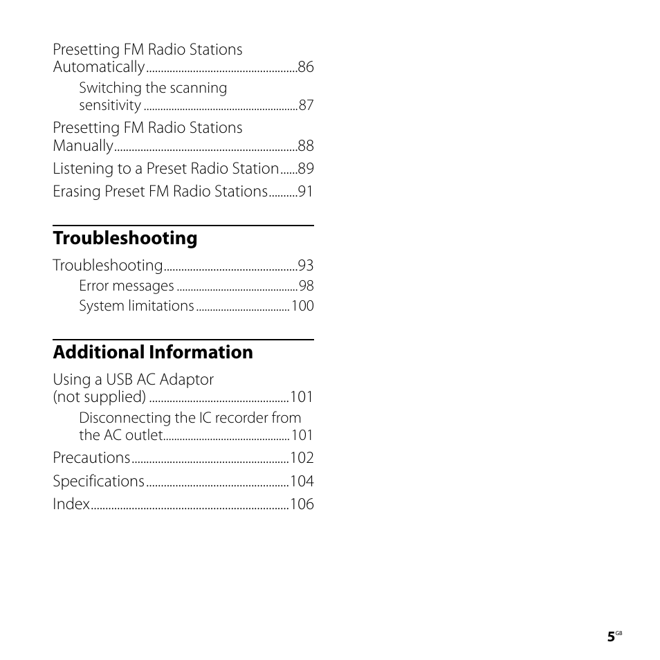 Troubleshooting, Additional information | Sony ICD-UX71F User Manual | Page 5 / 112