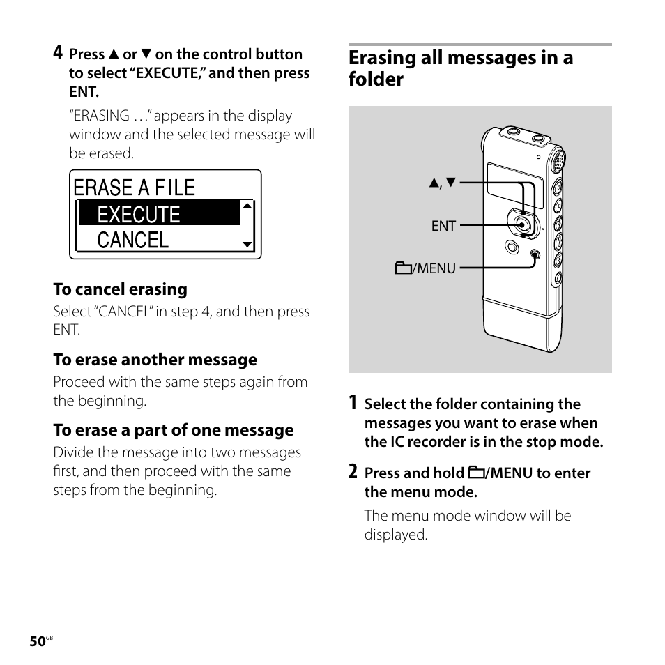 Erasing all messages in a folder | Sony ICD-UX71F User Manual | Page 50 / 112