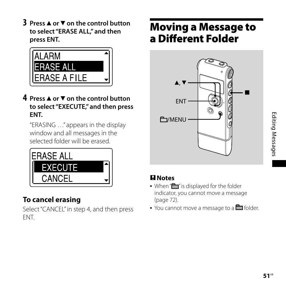 Moving a message to a different folder, Moving a message to a different, Folder | Sony ICD-UX71F User Manual | Page 51 / 112