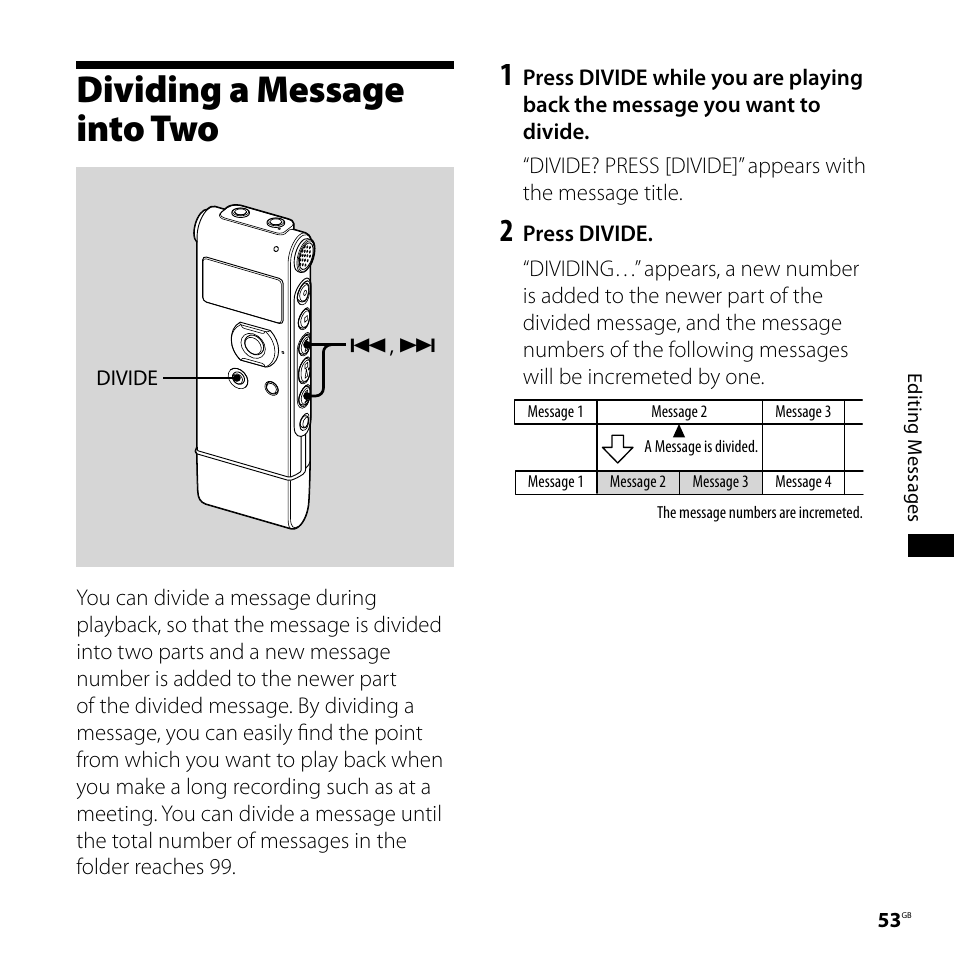Dividing a message into two | Sony ICD-UX71F User Manual | Page 53 / 112