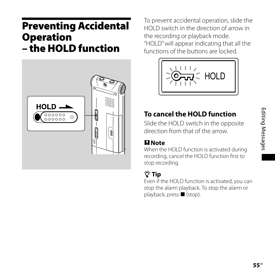 Preventing accidental operation, The hold function | Sony ICD-UX71F User Manual | Page 55 / 112