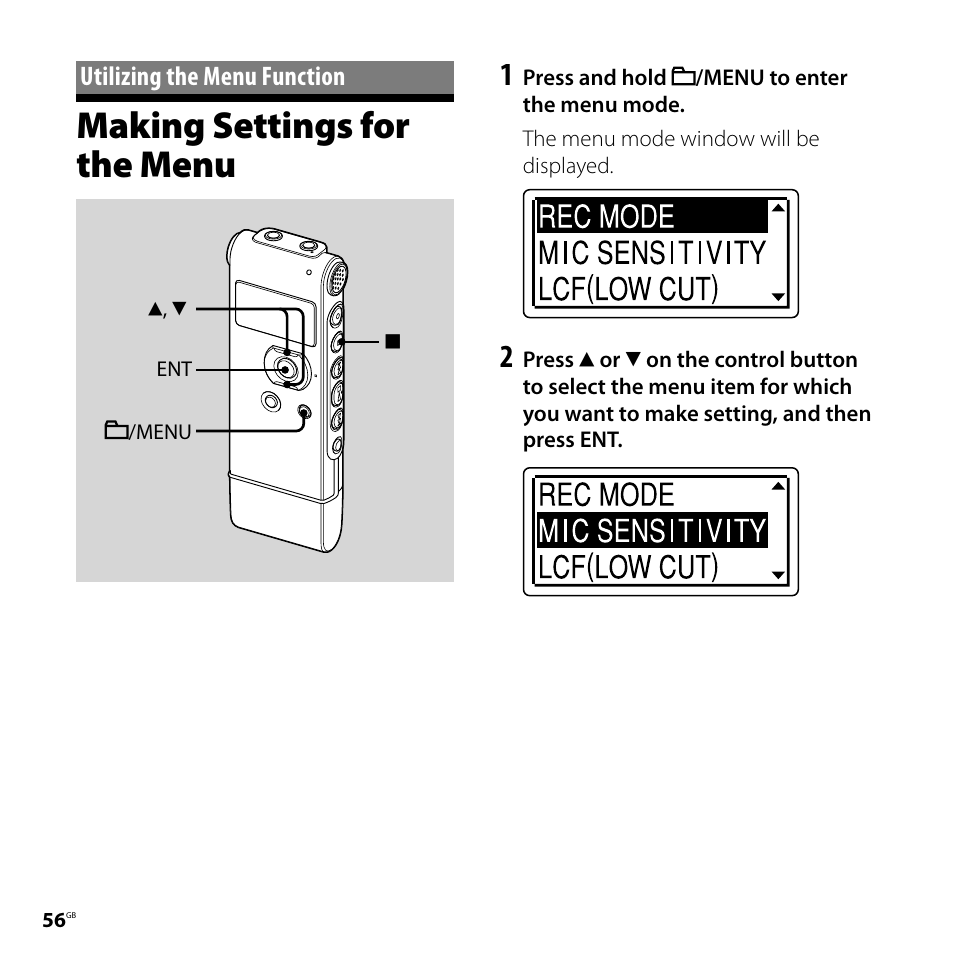 Utilizing the menu function, Making settings for the menu | Sony ICD-UX71F User Manual | Page 56 / 112