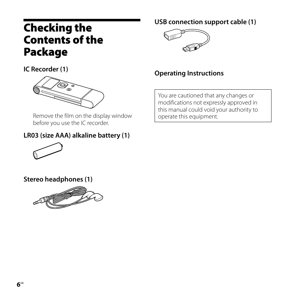 Checking the contents of the package, Checking the contents of, The package | Sony ICD-UX71F User Manual | Page 6 / 112