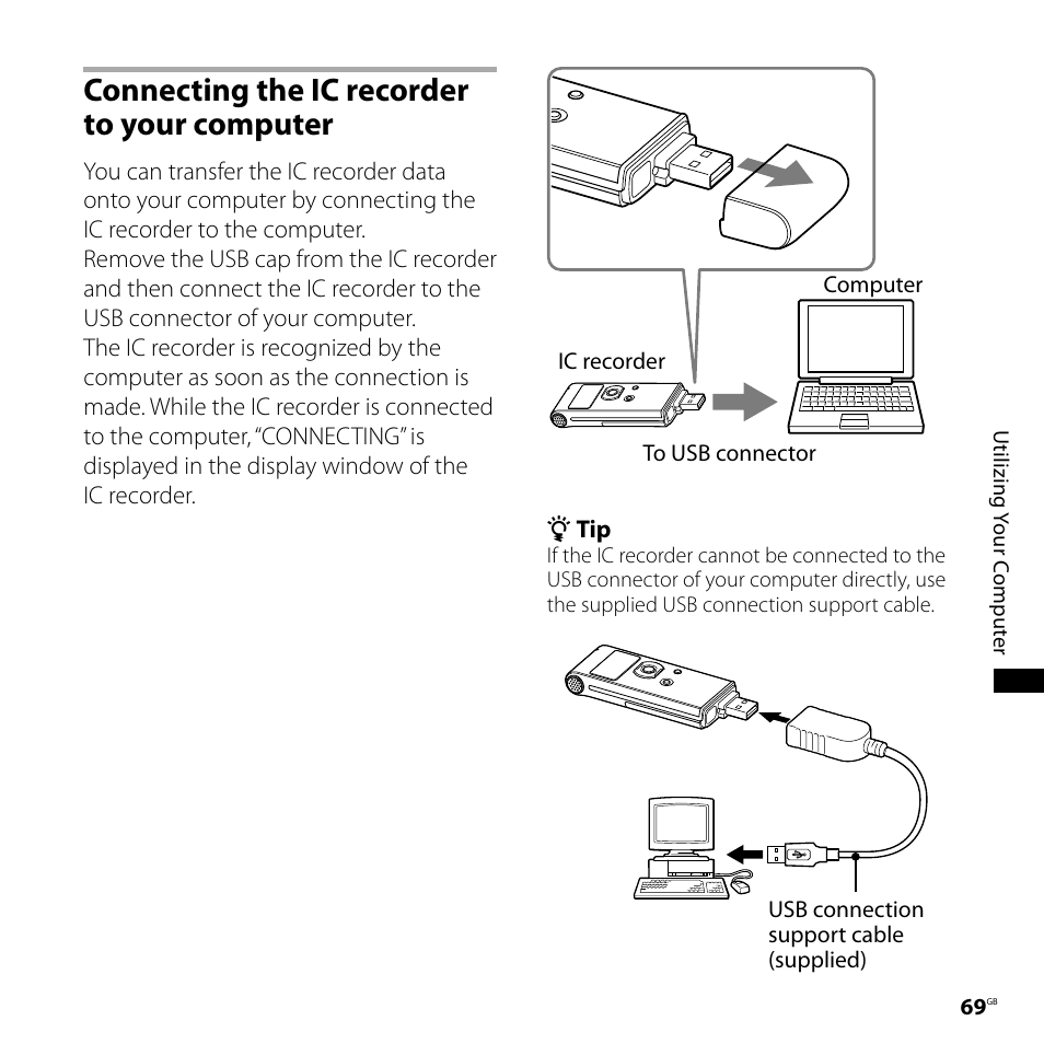 Connecting the ic recorder to your computer, Connecting the ic recorder to your, Computer | Sony ICD-UX71F User Manual | Page 69 / 112
