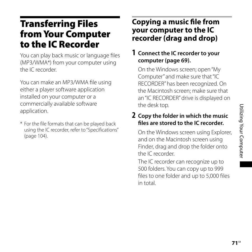 Transferring files from your computer, To the ic recorder, Copying a music file from your | Computer to the ic recorder, Drag and drop) | Sony ICD-UX71F User Manual | Page 71 / 112
