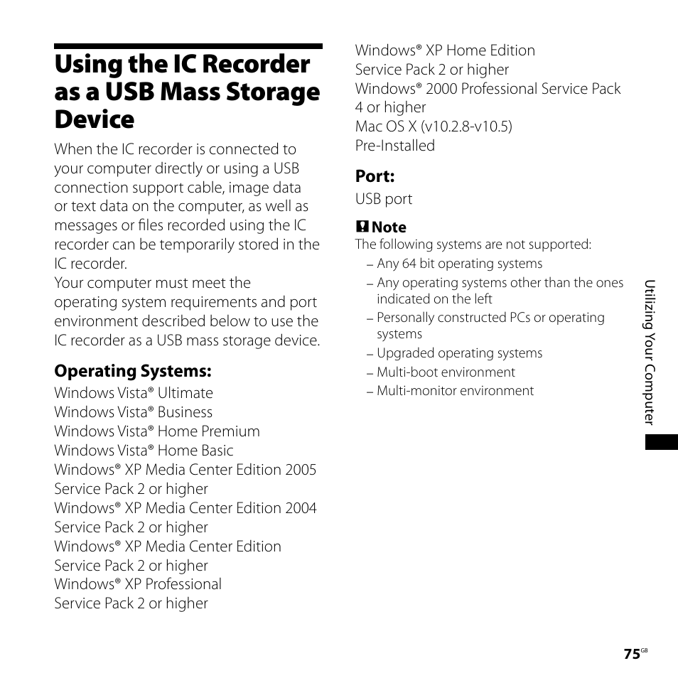Using the ic recorder as a usb mass storage device, Using the ic recorder as a usb mass, Storage device | Operating systems, Port | Sony ICD-UX71F User Manual | Page 75 / 112