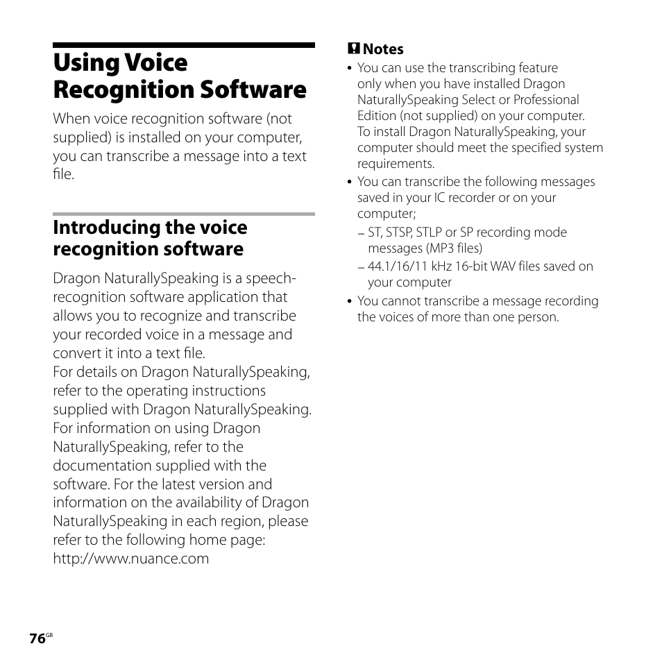 Using voice recognition software, Introducing the voice recognition software, Introducing the voice recognition | Software | Sony ICD-UX71F User Manual | Page 76 / 112