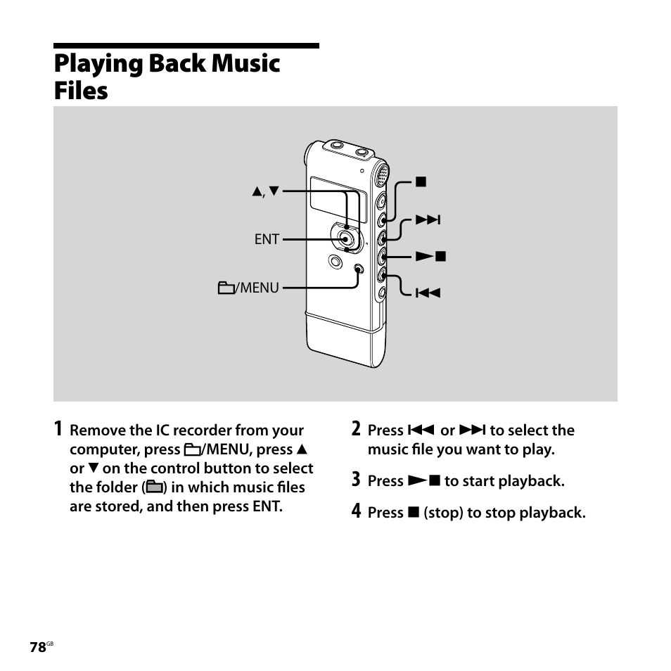 Playing back music files | Sony ICD-UX71F User Manual | Page 78 / 112