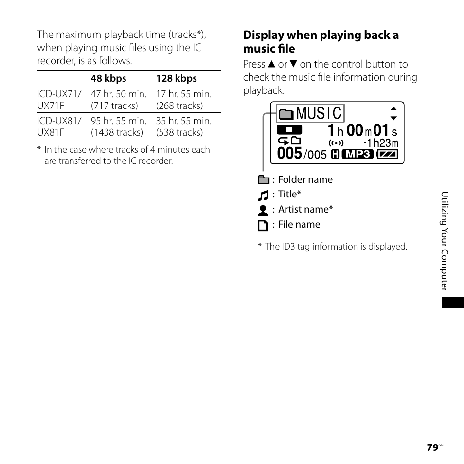 Display when playing back a music file | Sony ICD-UX71F User Manual | Page 79 / 112