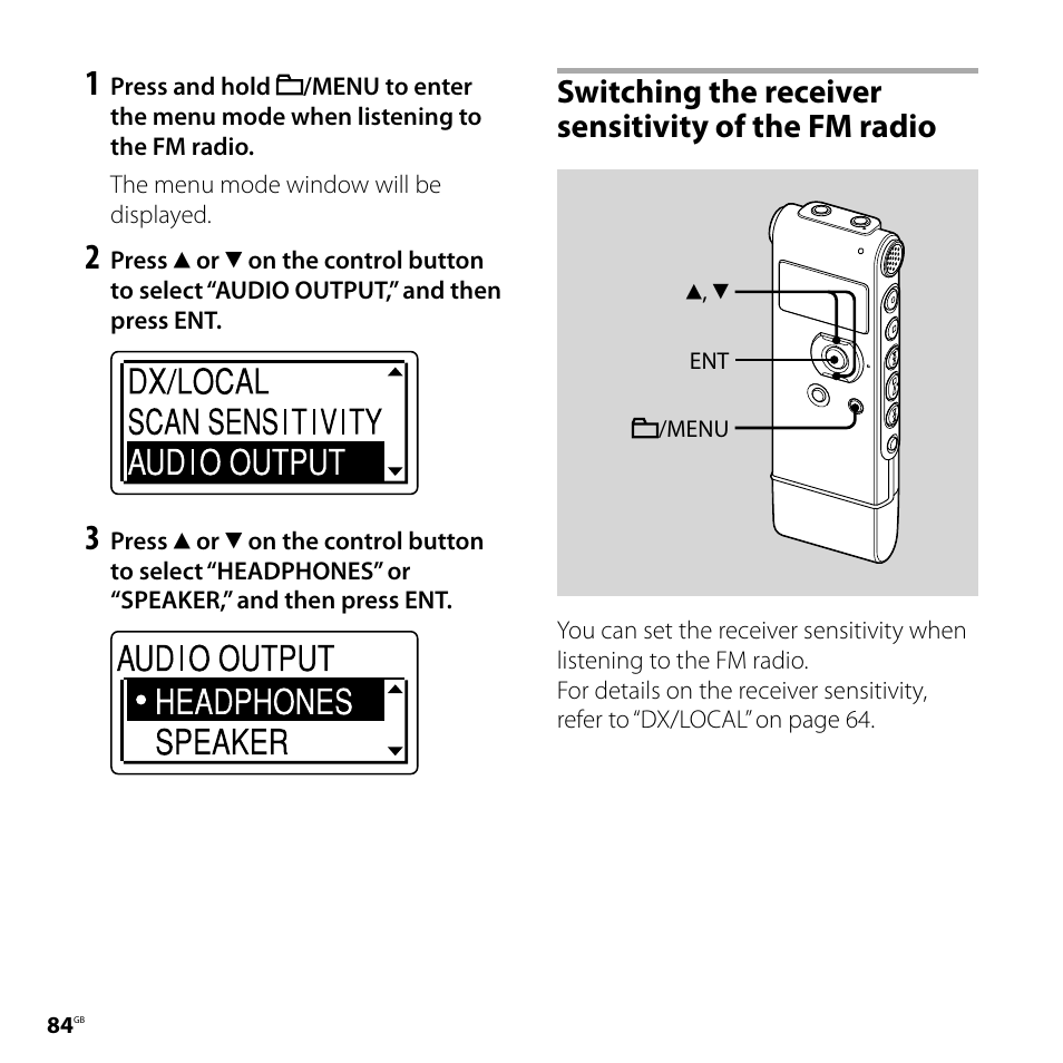 Switching the receiver sensitivity of the fm radio, Switching the receiver sensitivity of, The fm radio | Sony ICD-UX71F User Manual | Page 84 / 112