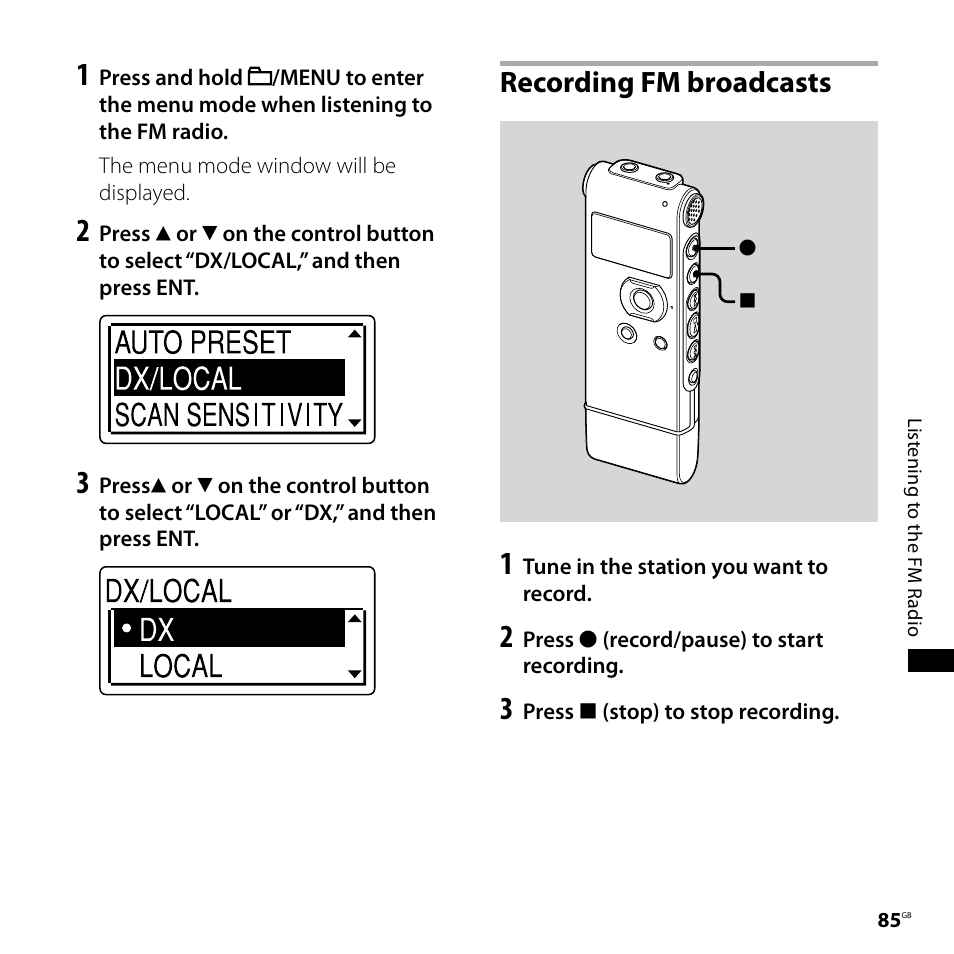 Recording fm broadcasts | Sony ICD-UX71F User Manual | Page 85 / 112