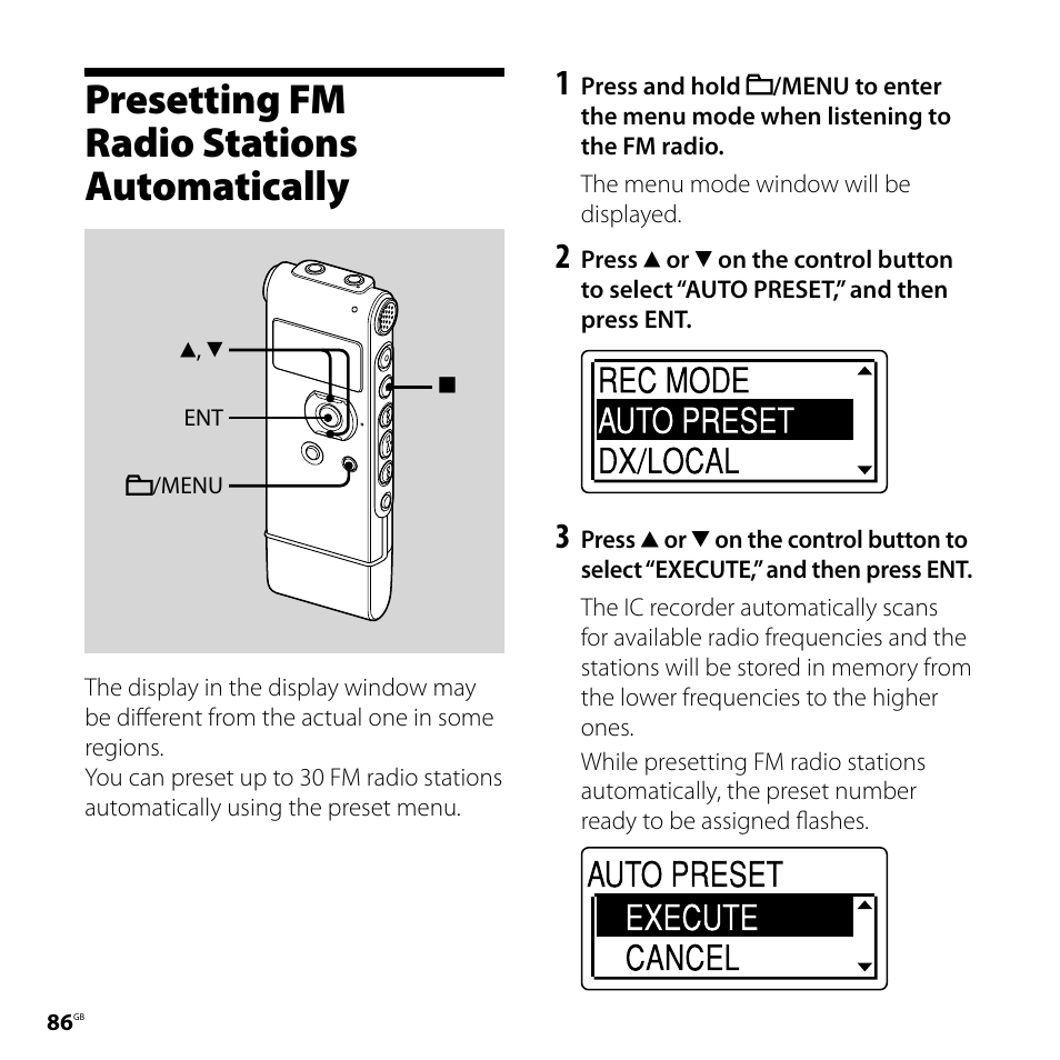 Presetting fm radio stations automatically, Presetting fm radio stations, Automatically | Sony ICD-UX71F User Manual | Page 86 / 112