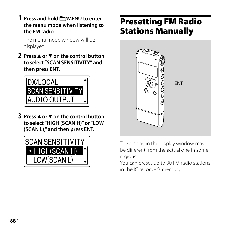 Presetting fm radio stations manually, Presetting fm radio stations, Manually | Sony ICD-UX71F User Manual | Page 88 / 112