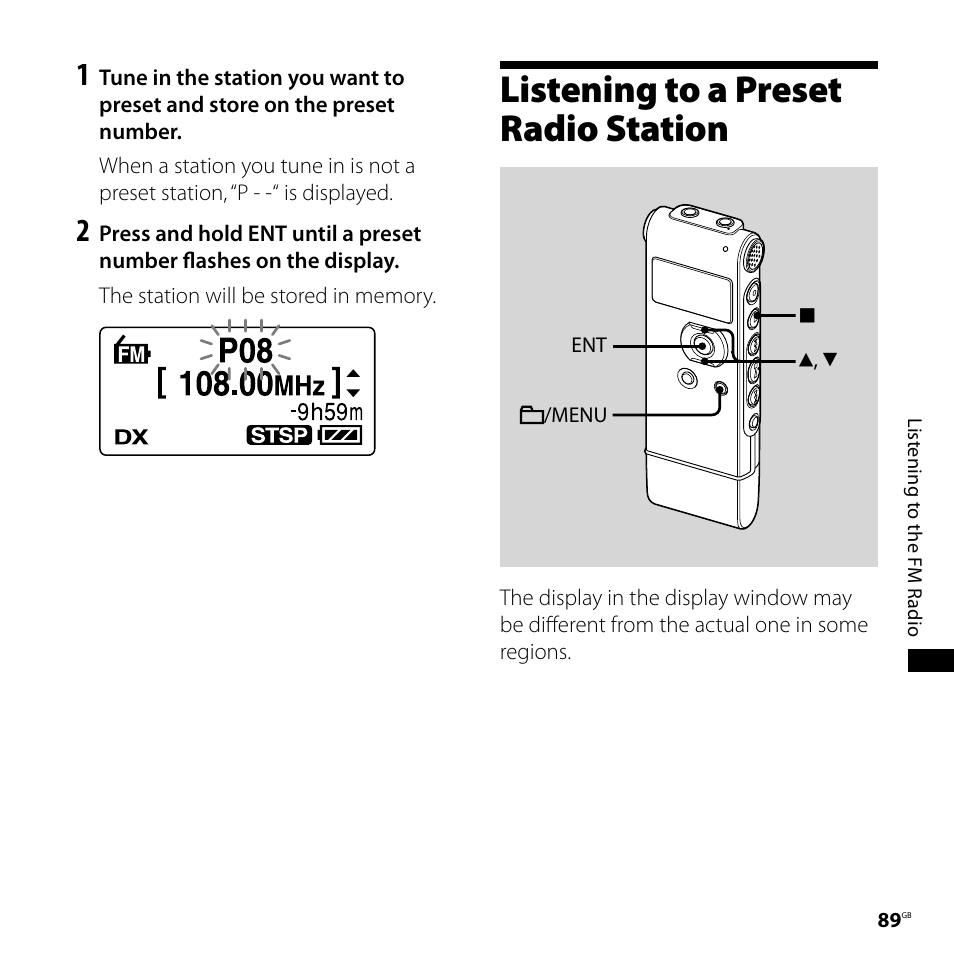 Listening to a preset radio station | Sony ICD-UX71F User Manual | Page 89 / 112