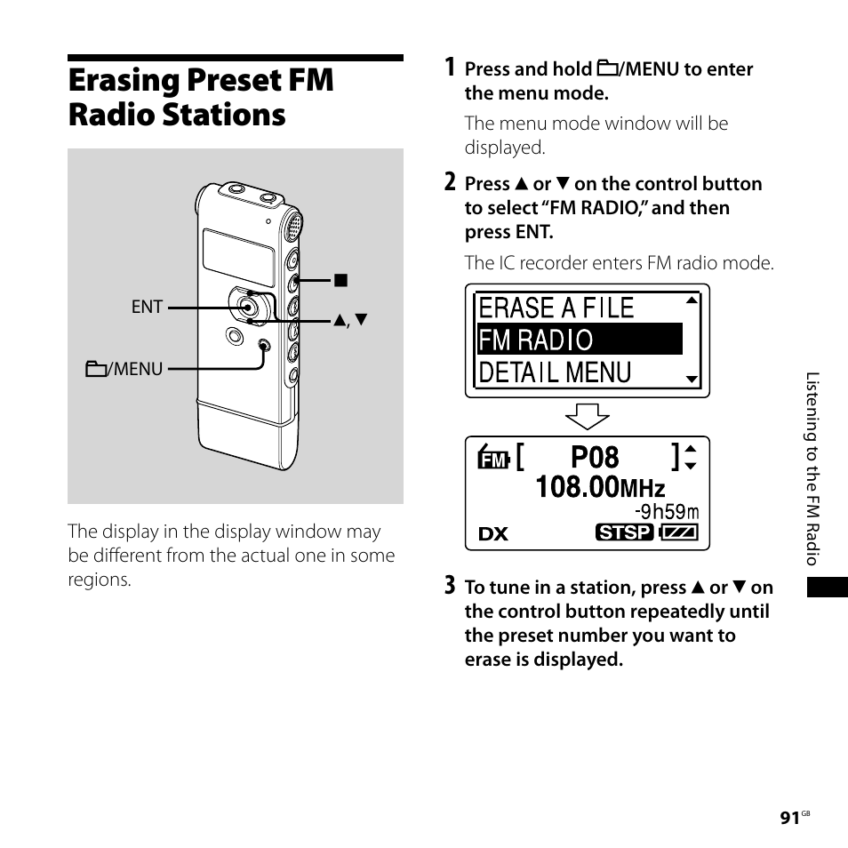 Erasing preset fm radio stations | Sony ICD-UX71F User Manual | Page 91 / 112