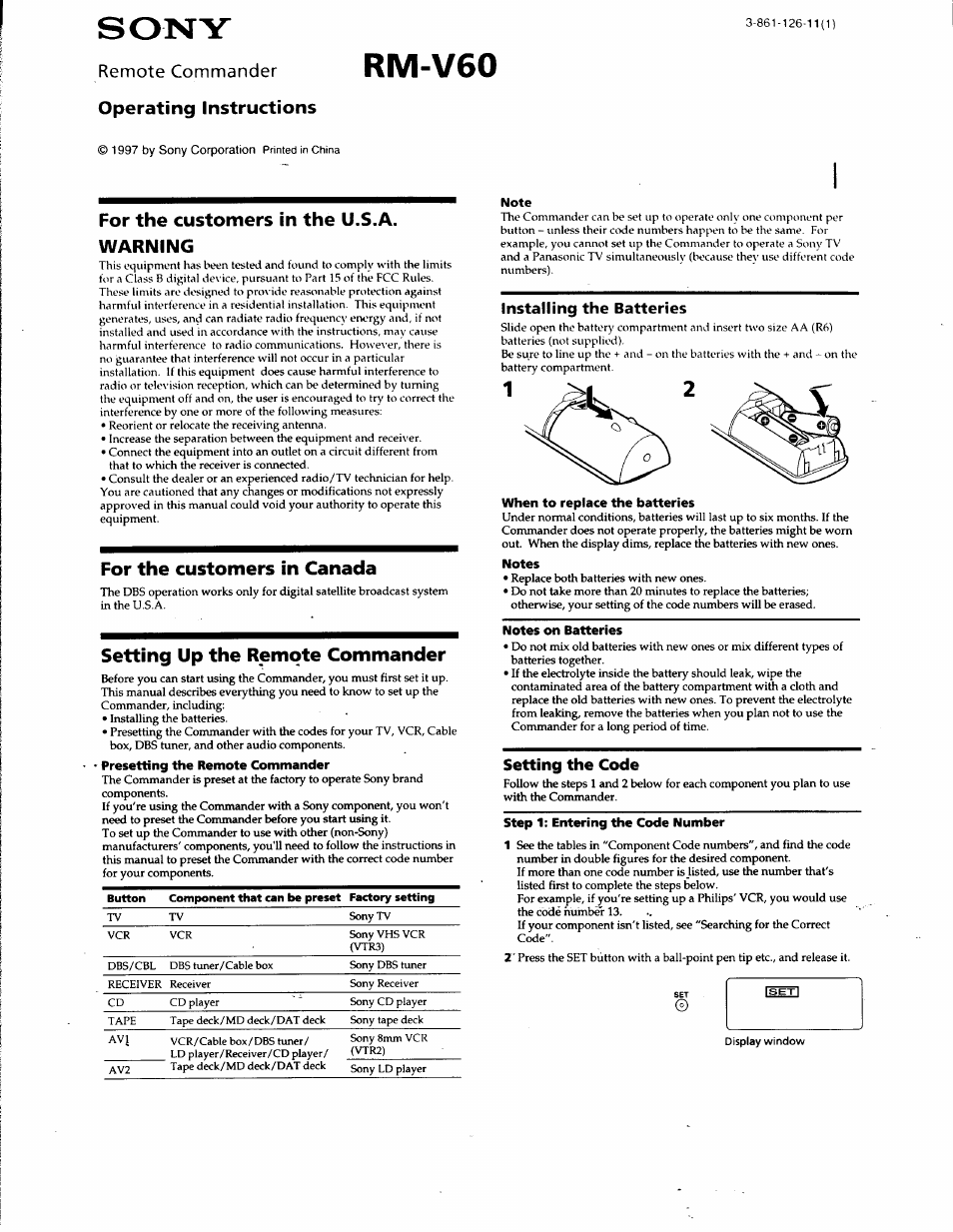 Sony RM-V60 User Manual | 8 pages